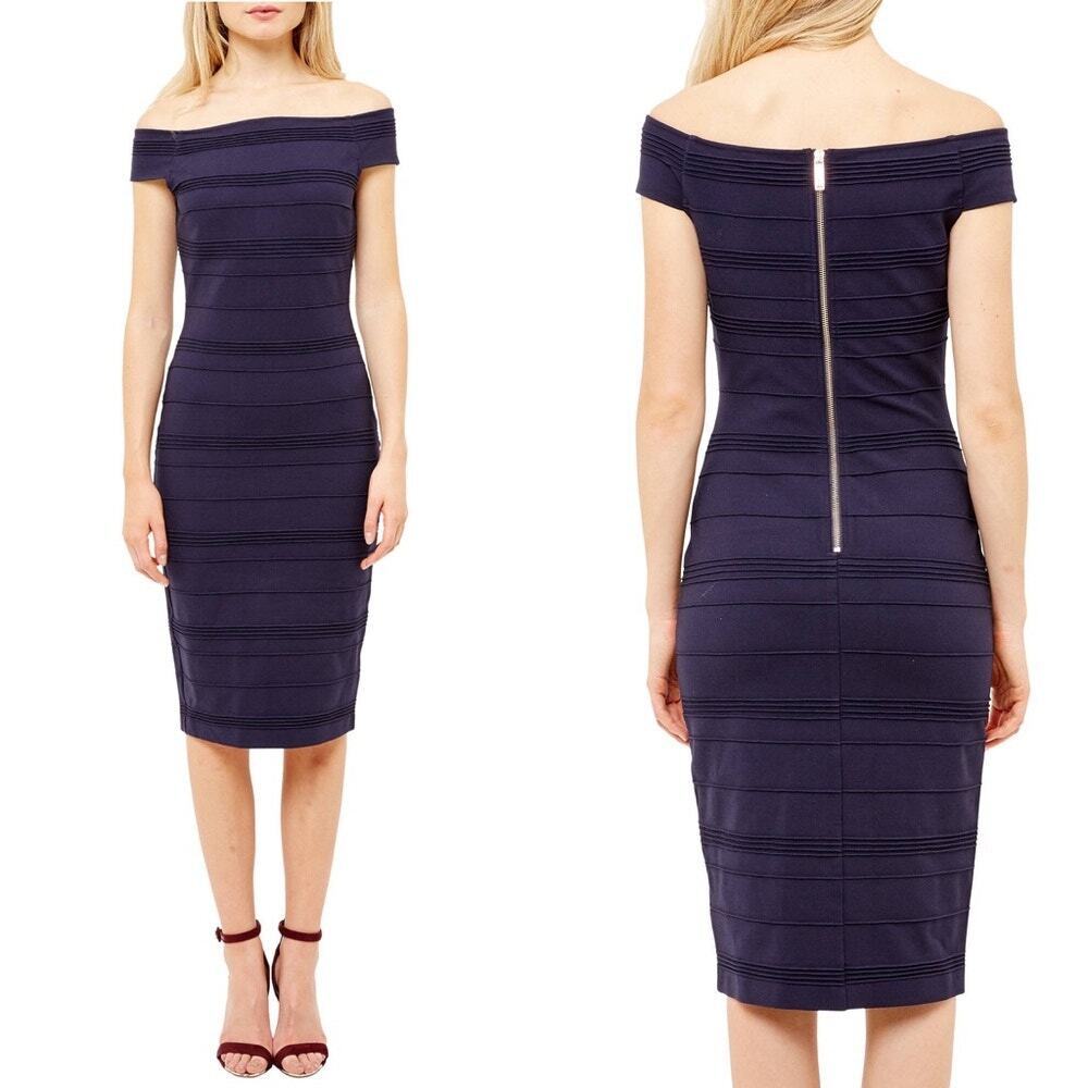 Ted Baker London Inan Bardot Stripe Textured Bodycon Dress 6 Cocktail Minimal